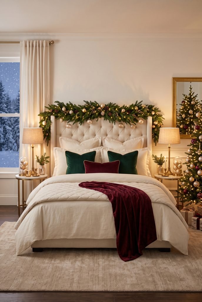 Luxury Christmas bedroom with emerald velvet pillows, burgundy throw, evergreen garland, and brass lamps
