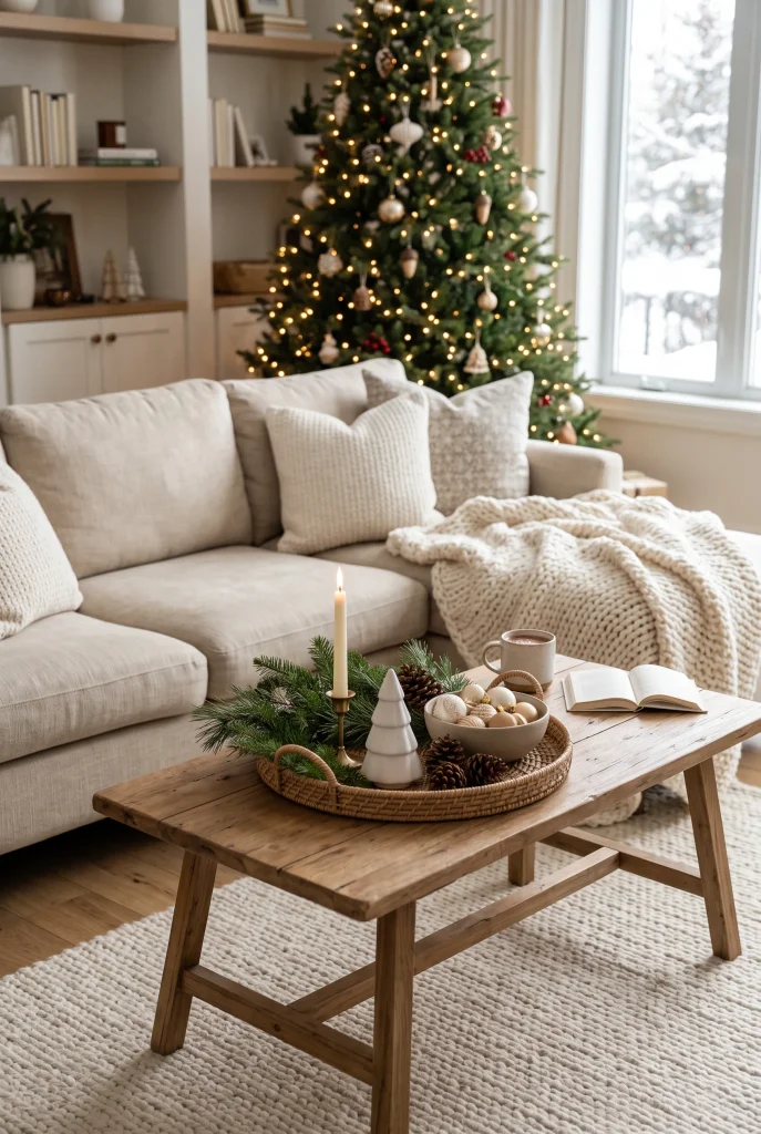 Simple everyday Christmas coffee table with greenery, candle, and ceramic tree