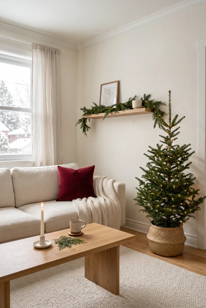 Minimalist small living room with a slim Christmas tree and simple greenery