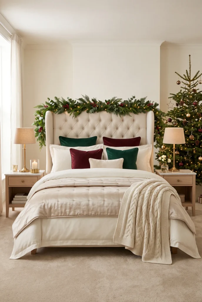 Luxury Christmas bedroom with layered ivory bedding, velvet pillows, brass accents, and Christmas greenery