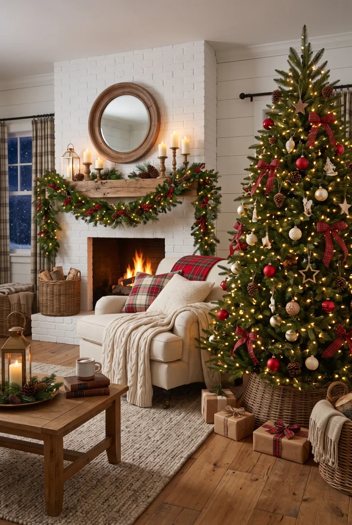 Warm and welcoming farmhouse Christmas living room with rustic holiday decorations