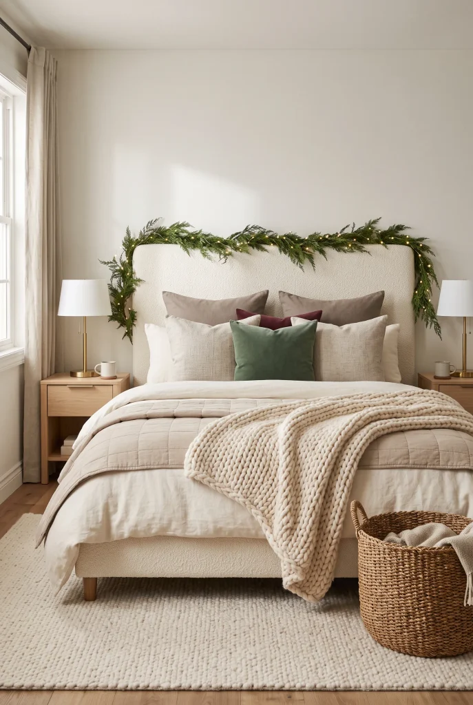 Neutral Christmas bedroom with ivory bedding, muted green accents, and soft seasonal greenery