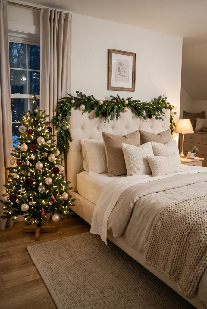 Small decorated Christmas tree beside an elegant cream bedroom bed