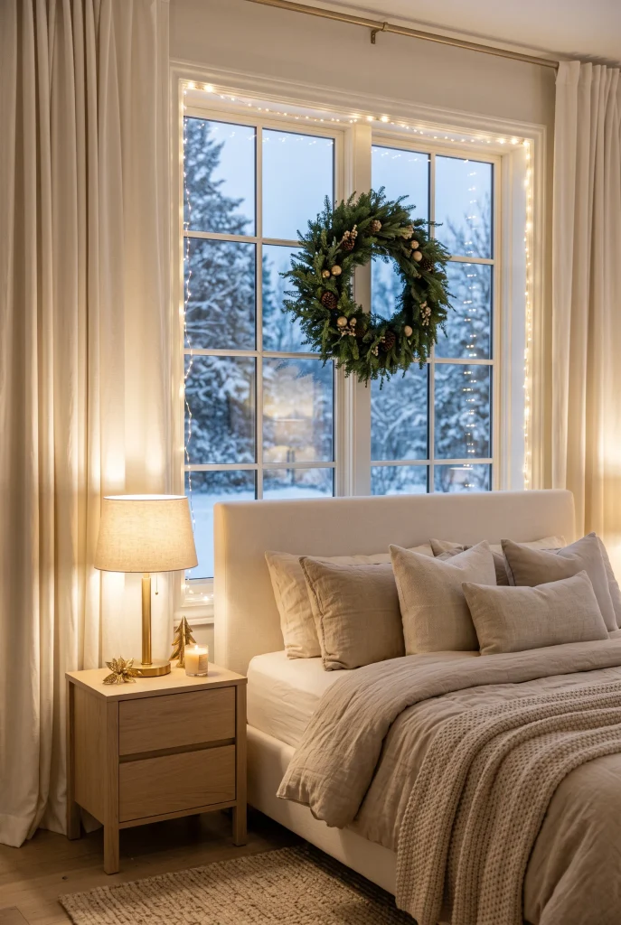 Warm white Christmas lights outlining a bedroom window with ivory curtains
