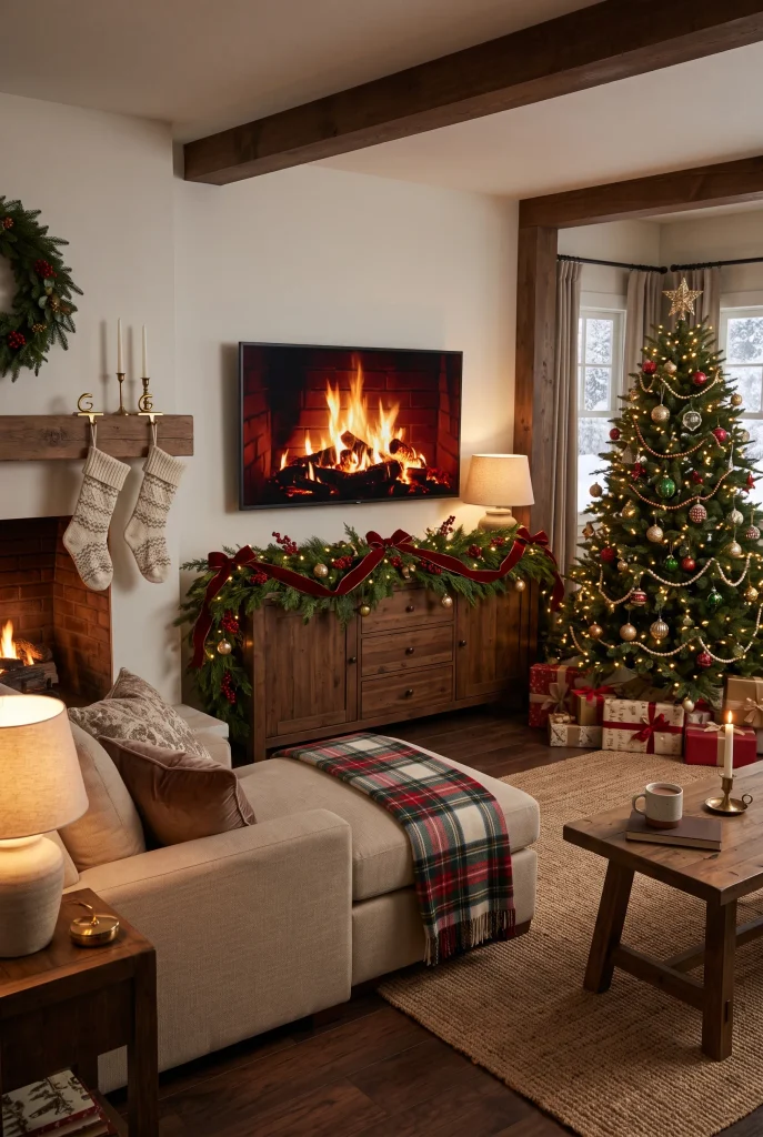 Traditional Christmas TV wall with red accents, evergreen garland, and burgundy decorations