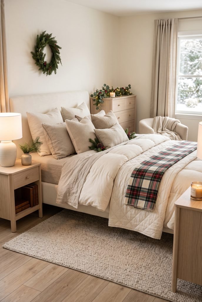 Layered ivory Christmas bedding with a textured festive blanket