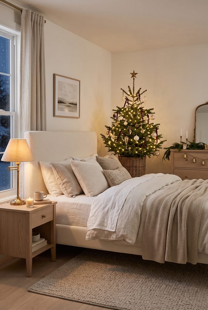 Cozy bedroom featuring a small decorated Christmas tree beside a cream bed