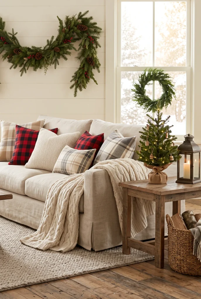 Cozy farmhouse sofa decorated with plaid Christmas cushions and a knitted throw