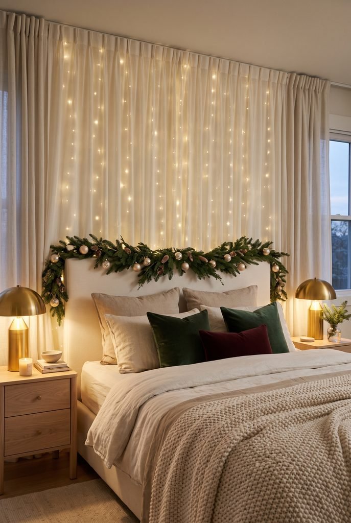 Warm white curtain lights glowing behind a Christmas bedroom bed