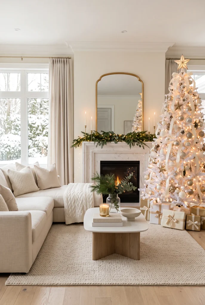 White and gold Christmas living room with cream seating and decorated tree