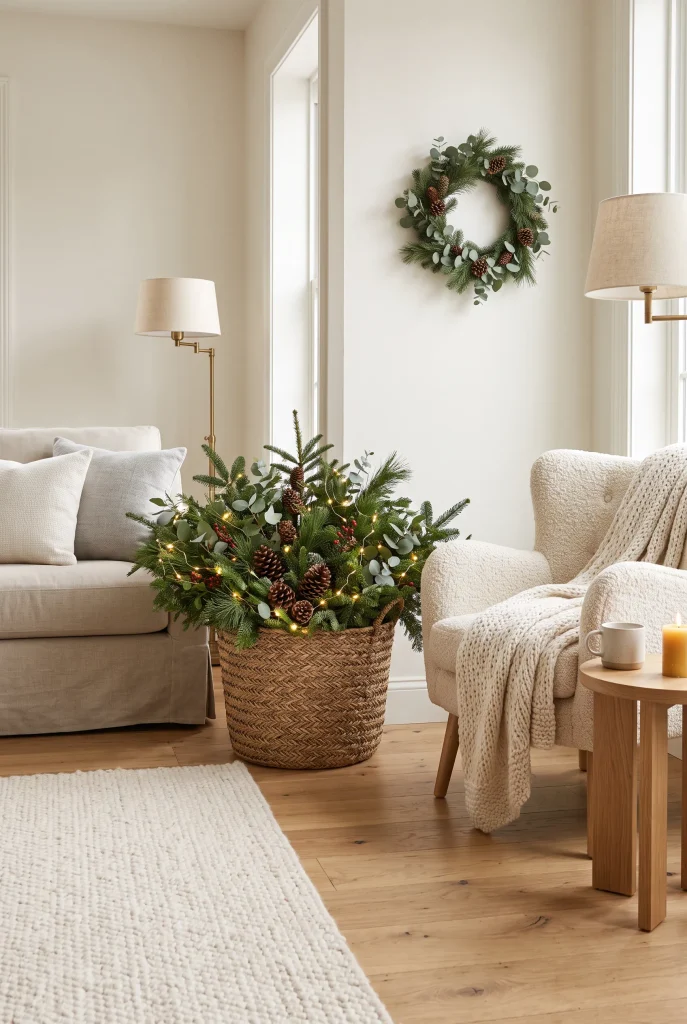 Woven basket filled with evergreen branches in a Christmas living room corner