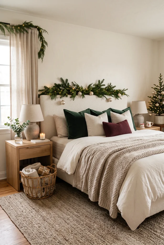 Cream Christmas bed with evergreen garland and warm white fairy lights
