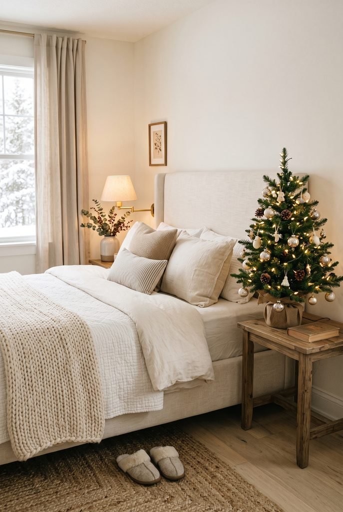 Small Christmas tree decorated with neutral ornaments beside a cozy bedroom bed