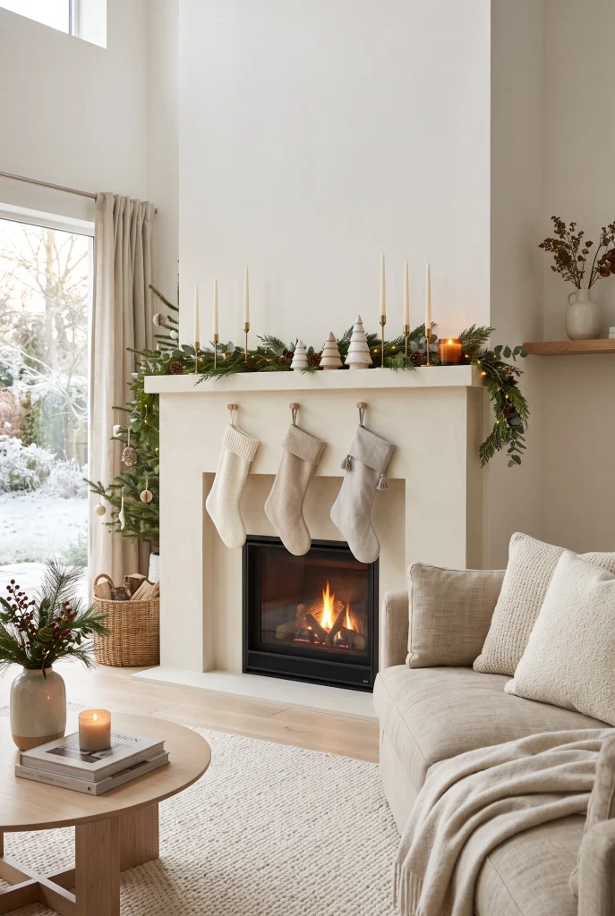 Minimalist Christmas mantel with evergreen garland, candles, and ceramic trees