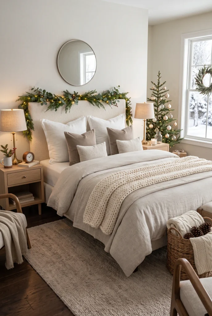 Neutral Christmas bedroom with layered ivory and beige bedding, greenery, and subtle holiday accents