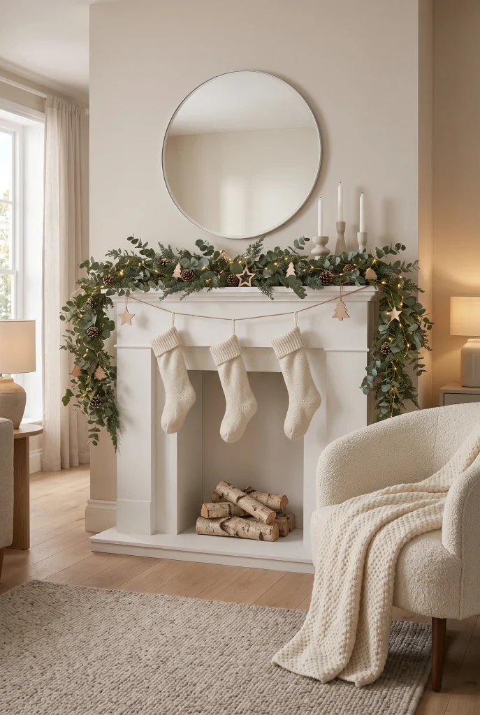 Neutral Christmas mantel with cream stockings, eucalyptus, pinecones, and warm white lights