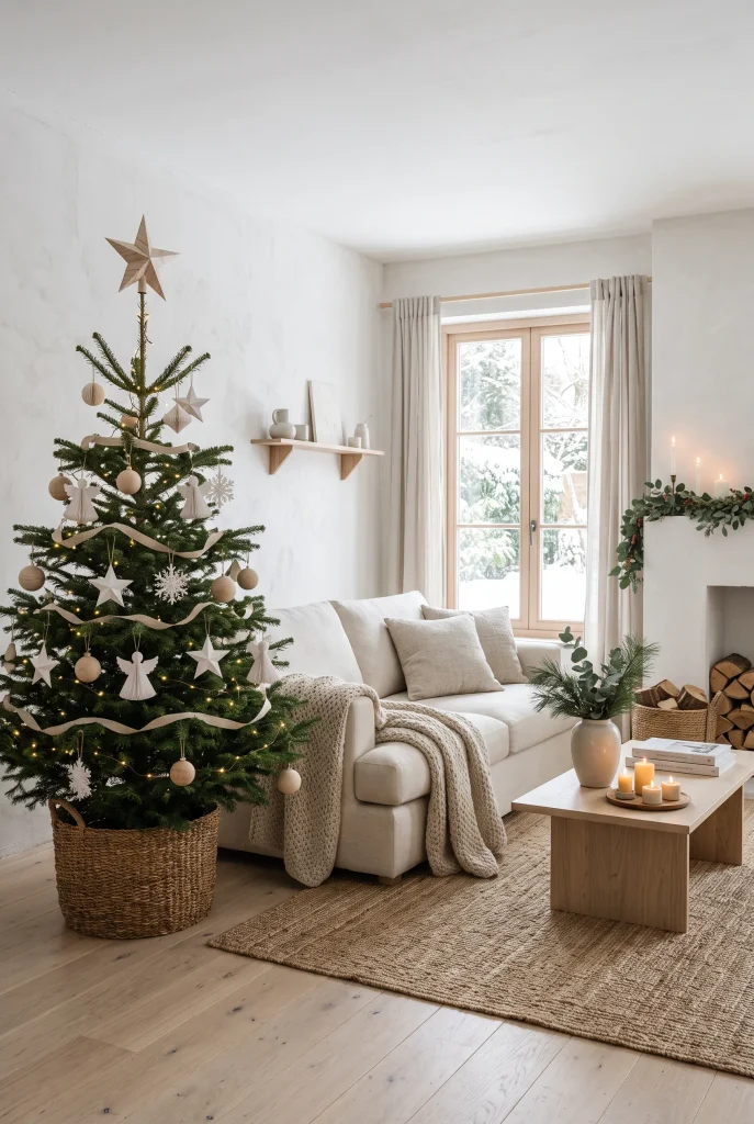 Scandinavian Christmas living room with a simple tree, pale wood, and neutral decor