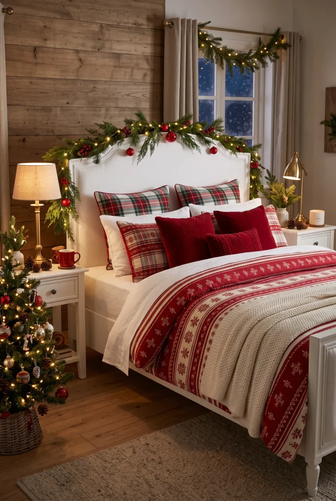 Christmas bedroom with classic red and white plaid bedding and evergreen accents