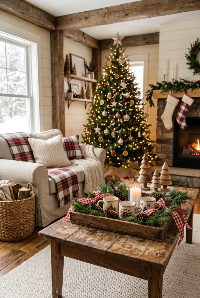 Rustic farmhouse Christmas coffee table with greenery and pinecones