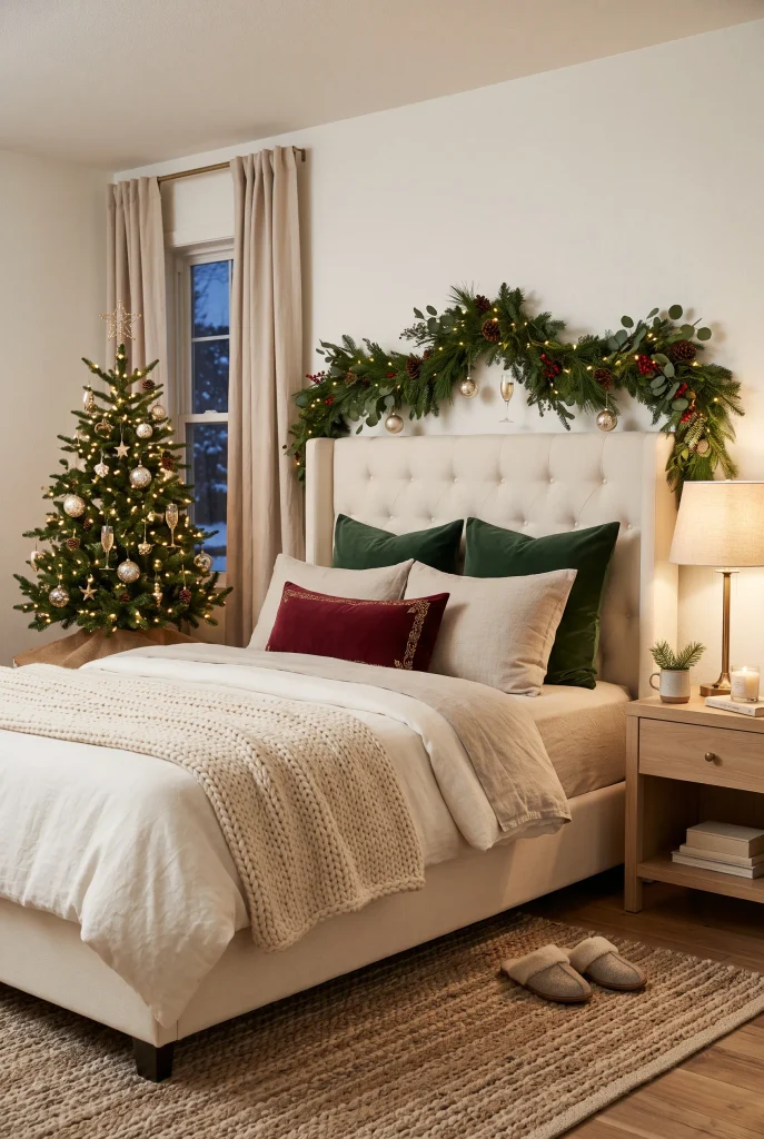 Scandinavian Christmas bedroom with light wood furniture, neutral bedding, and simple greenery