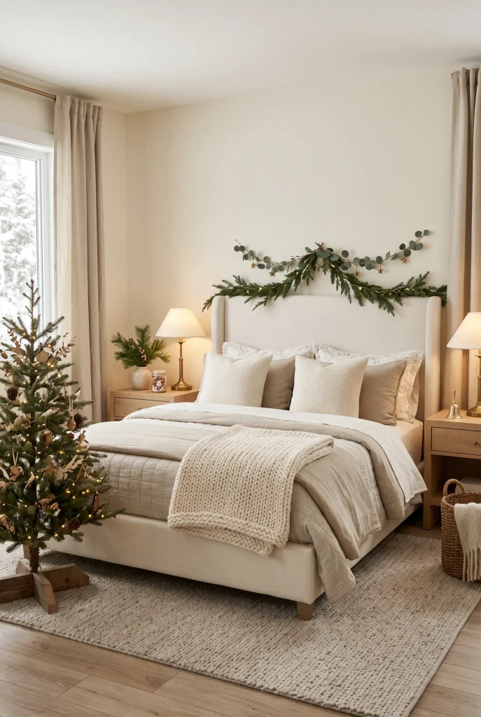 Neutral bedroom with layered beige and cream Christmas bedding