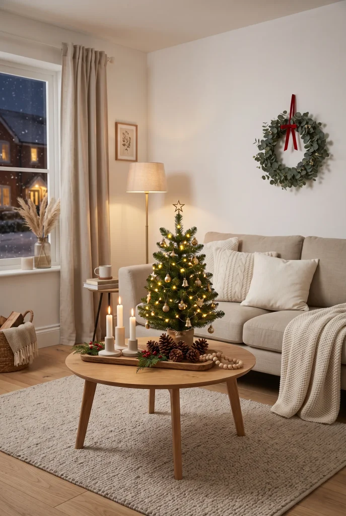 Mini Christmas tree styled on a coffee table in a cozy living room