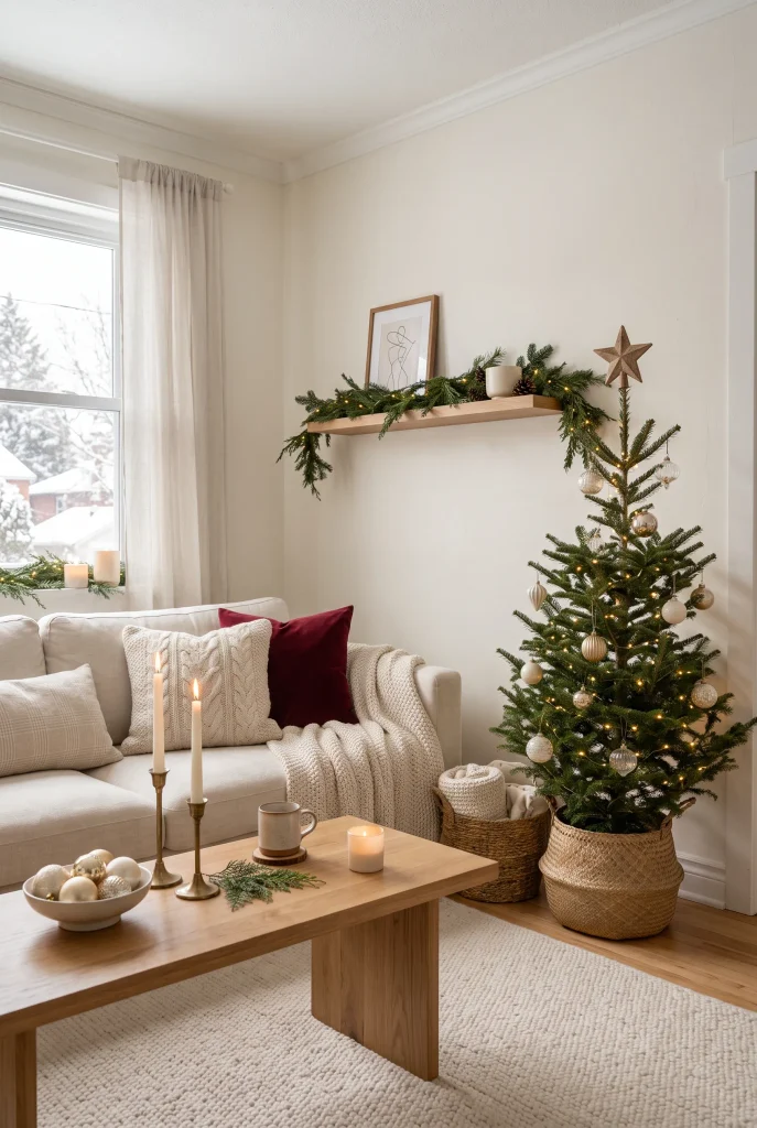 Small living room decorated around existing furniture with a Christmas tree and garland