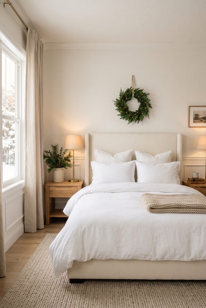 Simple Christmas bedroom with cream bed, evergreen wreath, knitted throw, and warm seasonal lights