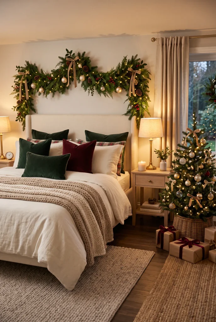 Cozy Christmas bedroom with layered bedding, evergreen garland, warm lights, and decorated tree