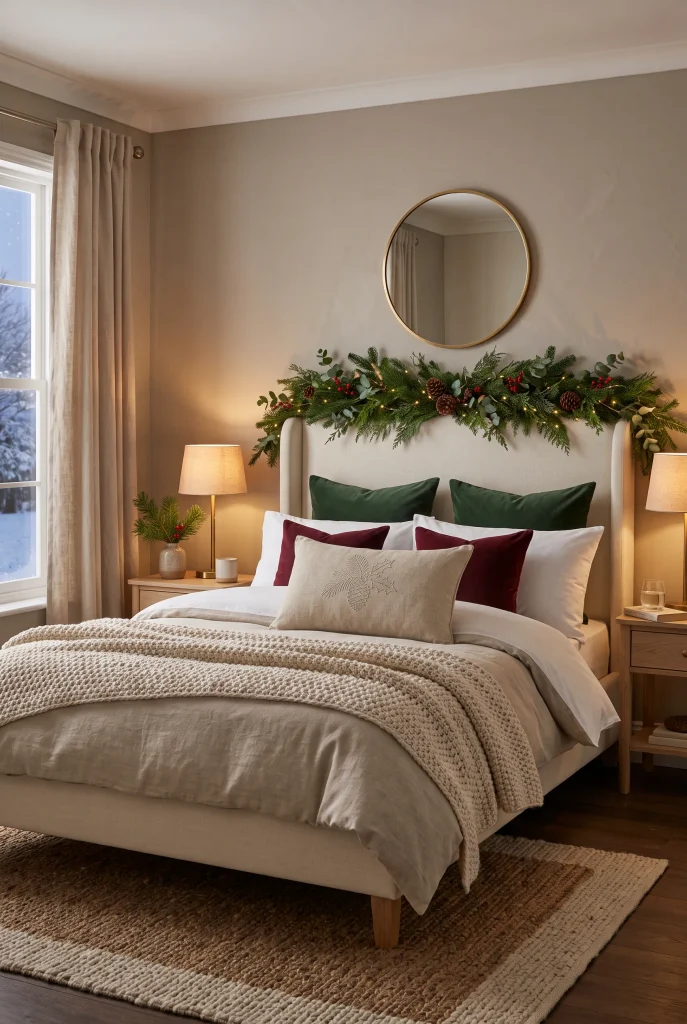 Christmas bed decorated with burgundy velvet pillows and cream bedding