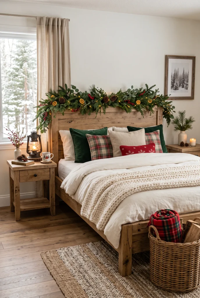 Cream Christmas bedroom with evergreen garland decorated around the upholstered headboard
