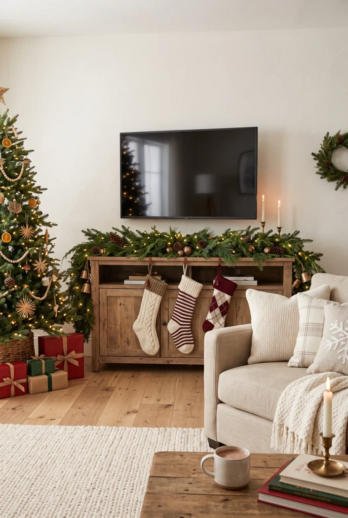 Christmas media console decorated with evergreen garland and knitted stockings beneath a wall-mounted TV