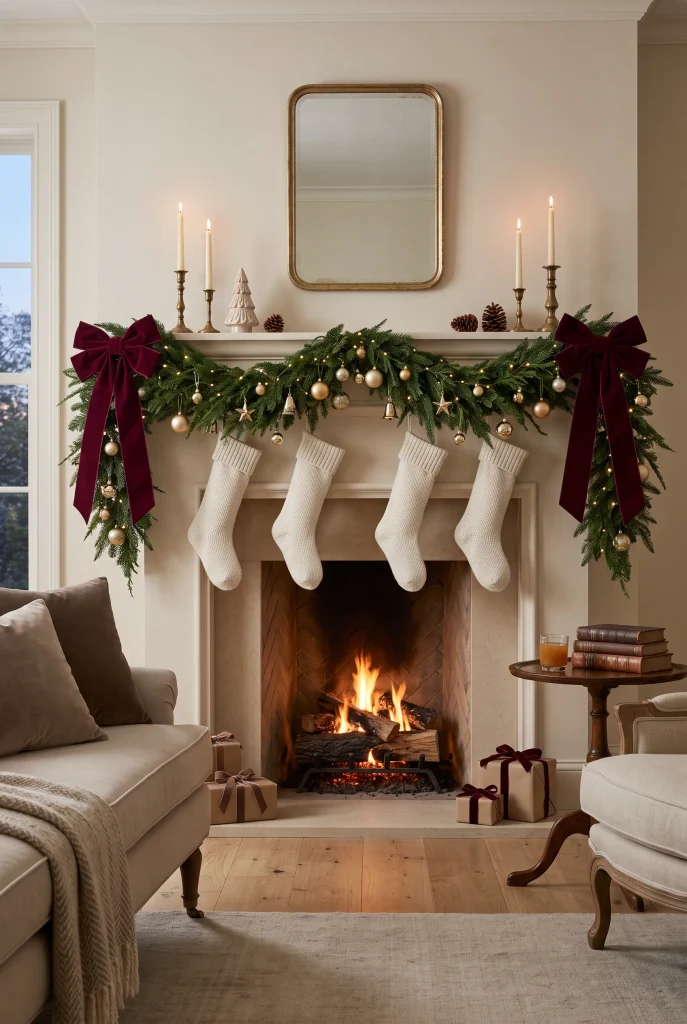 Christmas fireplace mantel decorated with oversized burgundy velvet bows and evergreen garland