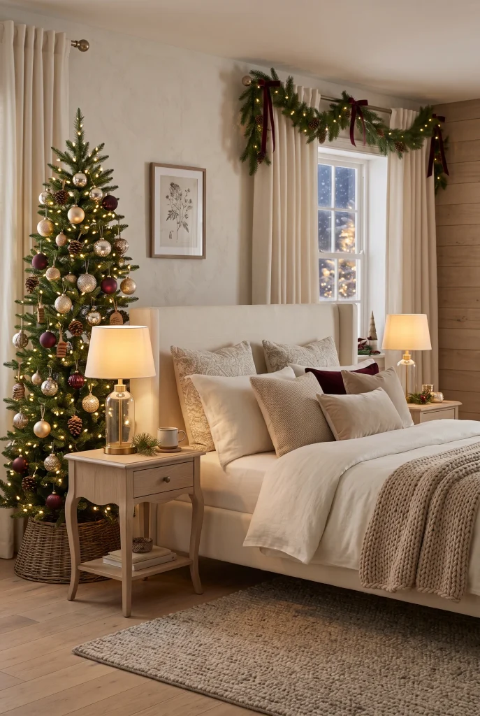 Cozy bedroom with a decorated Christmas tree positioned beside the bed