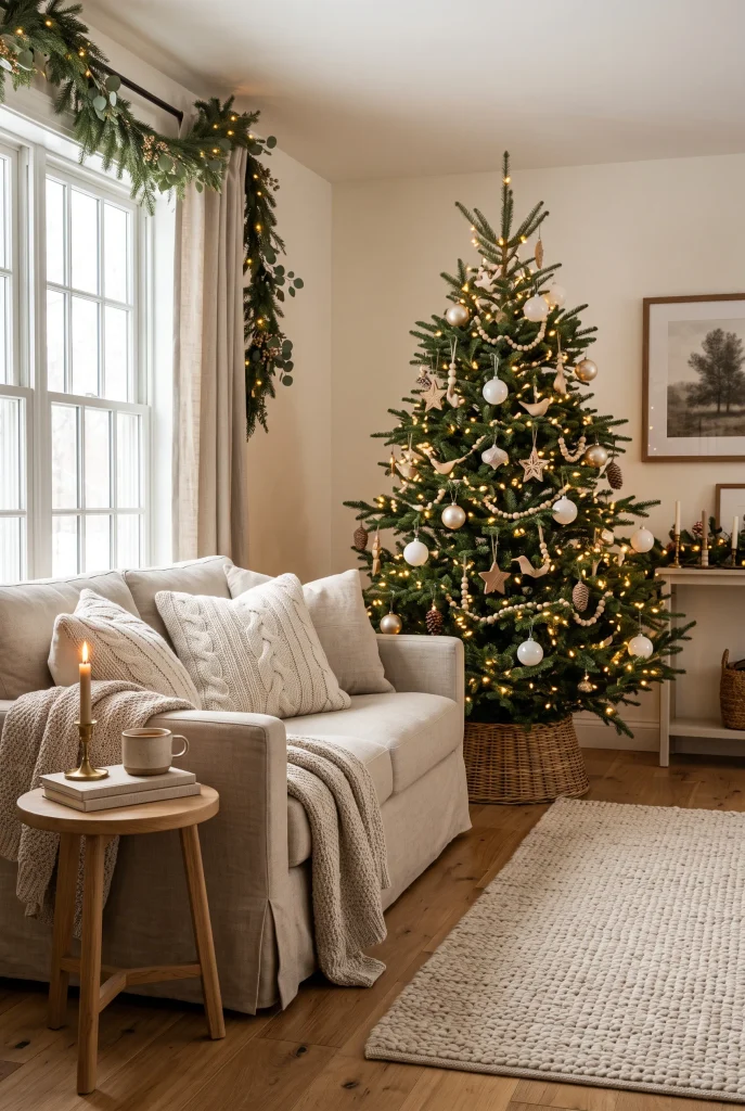 Medium Christmas tree decorated beside a neutral living room sofa