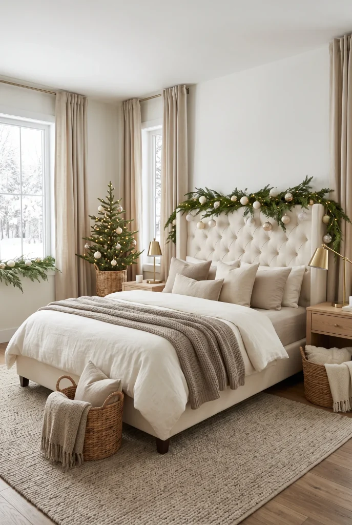 Neutral Christmas bedroom with ivory bedding, greenery, champagne ornaments, and warm lights