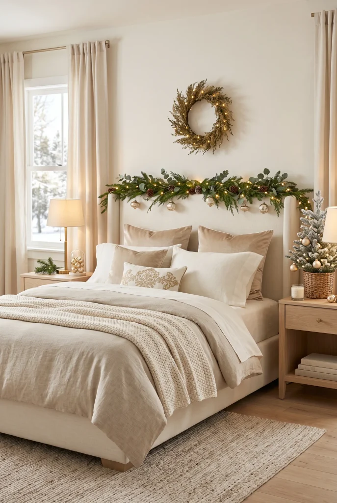 Elegant neutral Christmas bedroom with champagne and gold accents