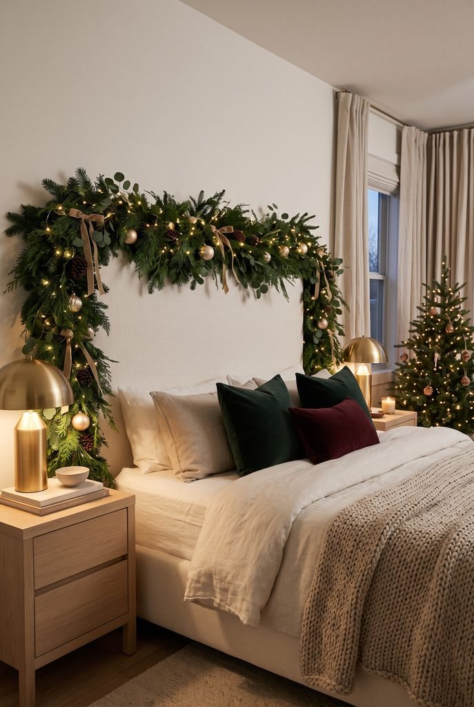 Evergreen Christmas garland woven with warm white fairy lights