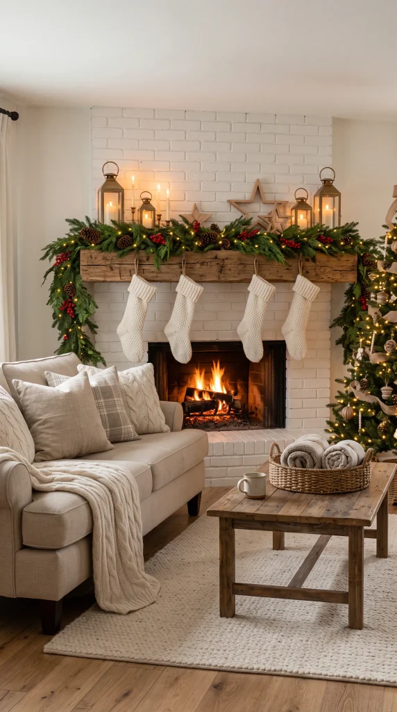 Farmhouse Christmas fireplace mantel with evergreen garland, stockings, and rustic accents