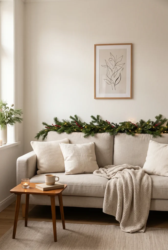 Evergreen Christmas garland hanging above a small neutral sofa