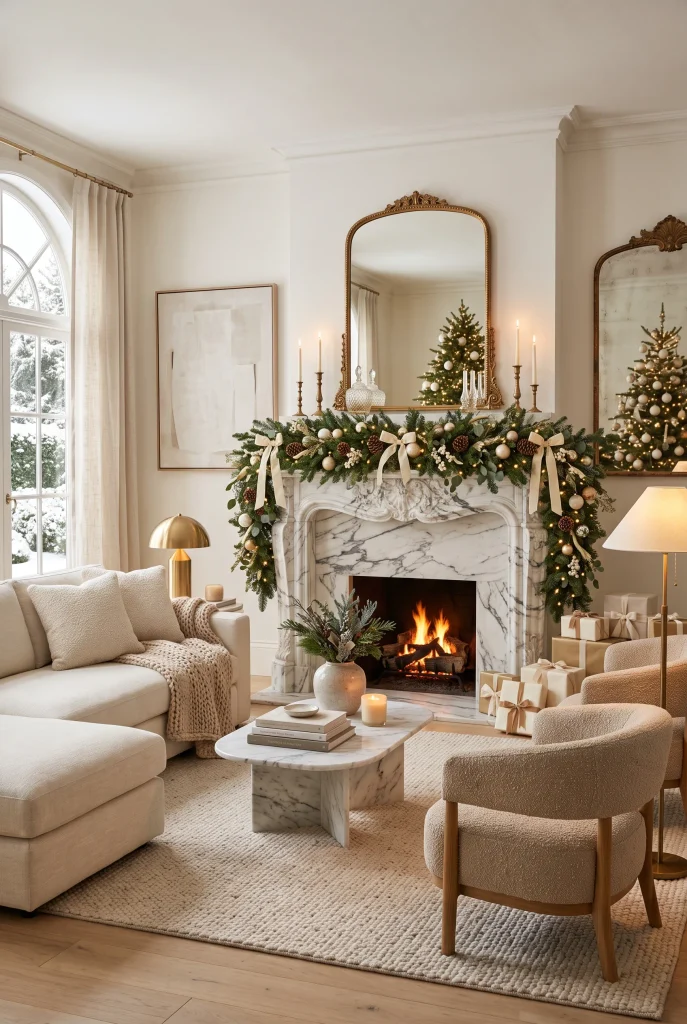 Luxury living room with marble fireplace and lush Christmas mantel garland