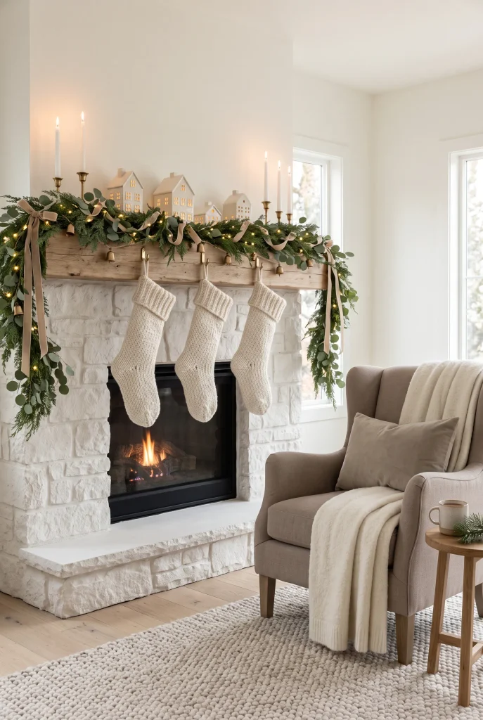 Neutral Christmas mantel with evergreen garland, ivory stockings, and candlelight