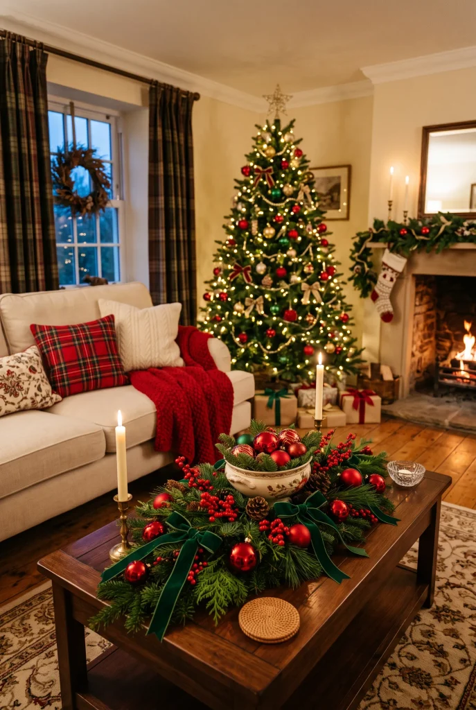 Traditional red and green Christmas coffee table centerpiece