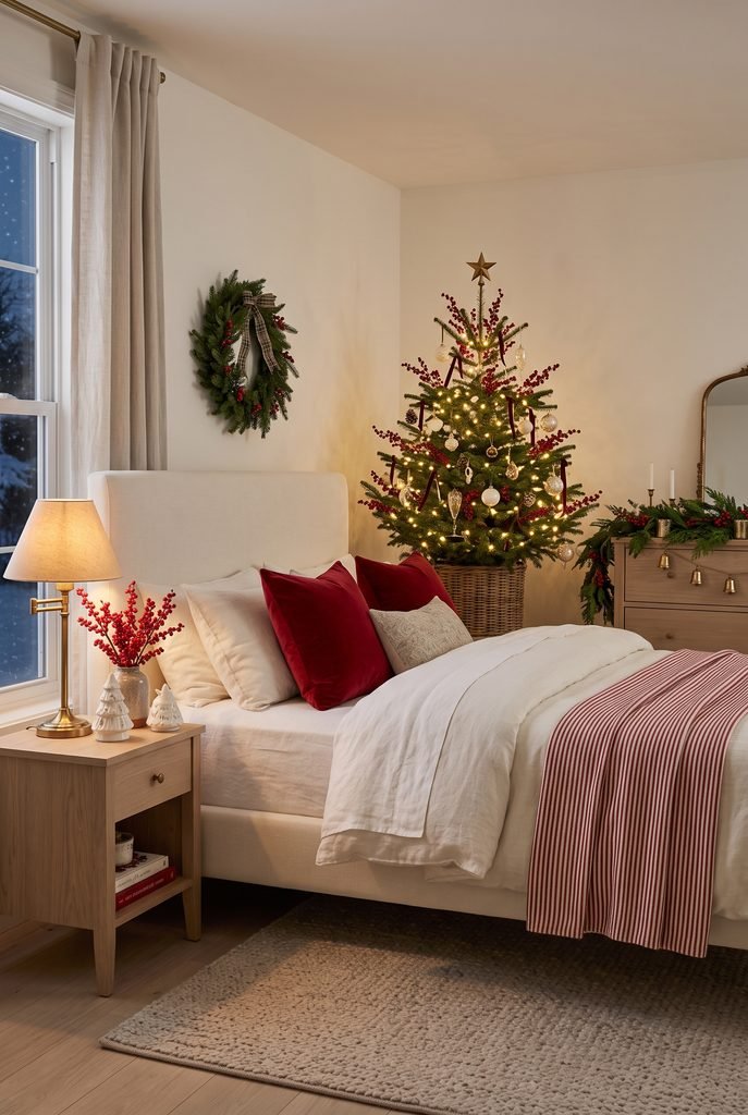 Traditional red and white Christmas bedroom with festive bedding and evergreen wreath