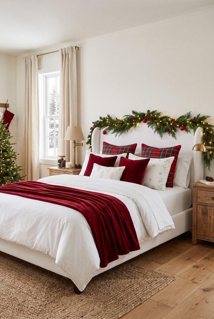 Traditional Christmas bedroom with white bedding, red accents, and evergreen decorations