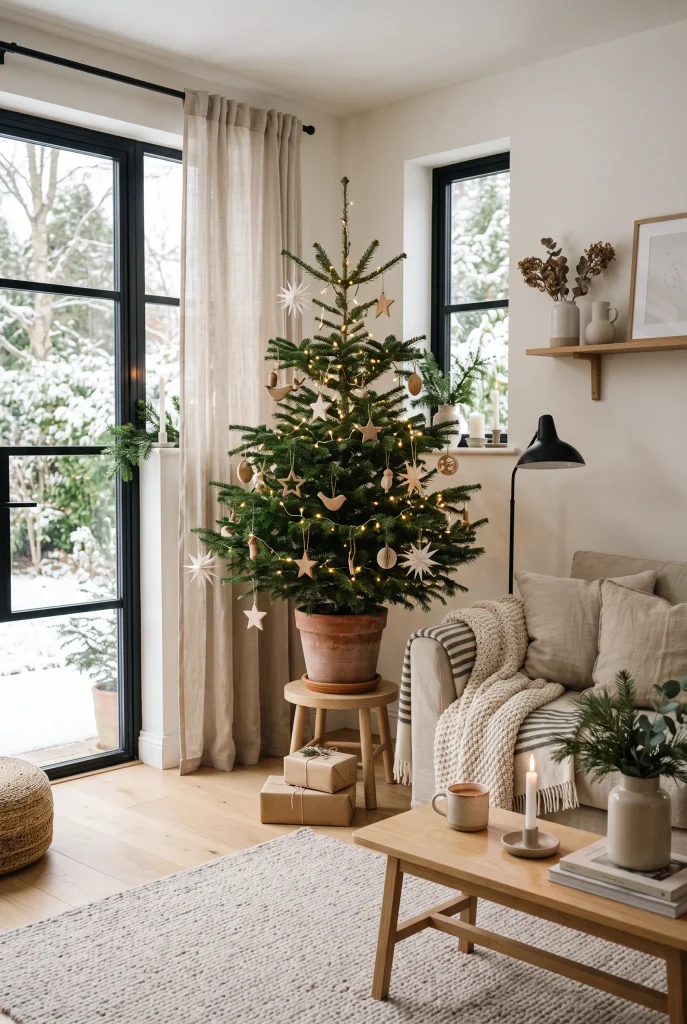 Scandinavian Christmas living room with natural wood, greenery, and warm lights