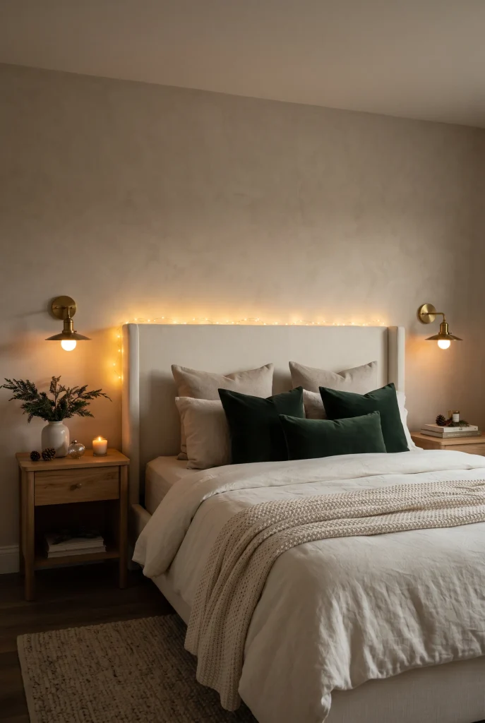 Soft Christmas lights glowing behind a cream upholstered bed
