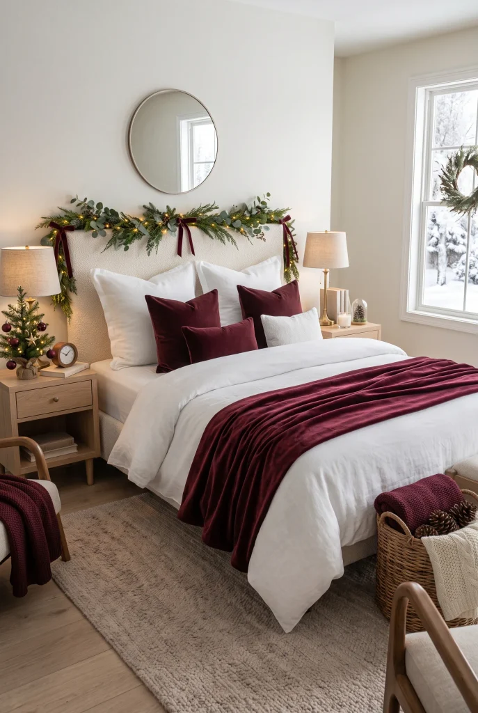 White Christmas bedding styled with burgundy velvet pillows and seasonal evergreen decor