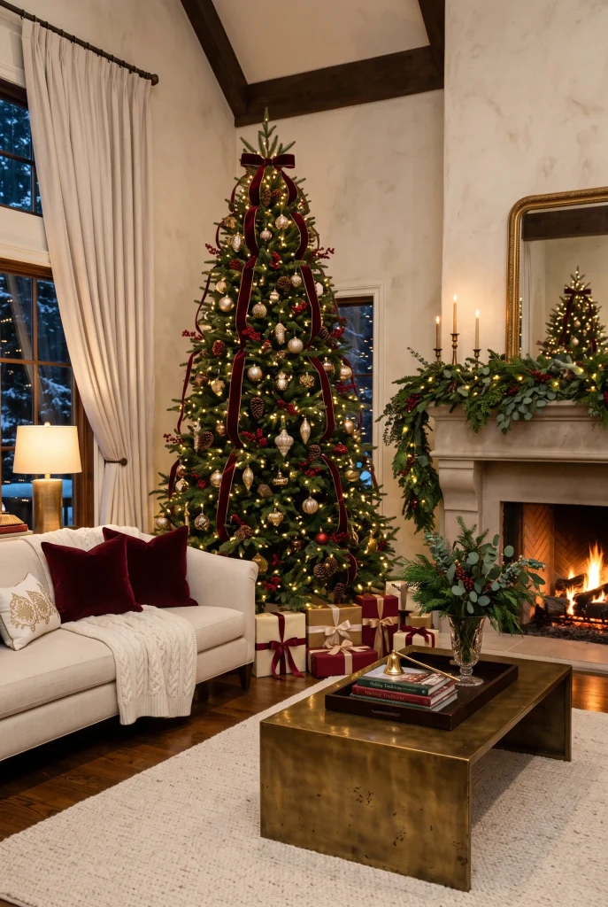 Burgundy and gold Christmas living room with decorated evergreen tree