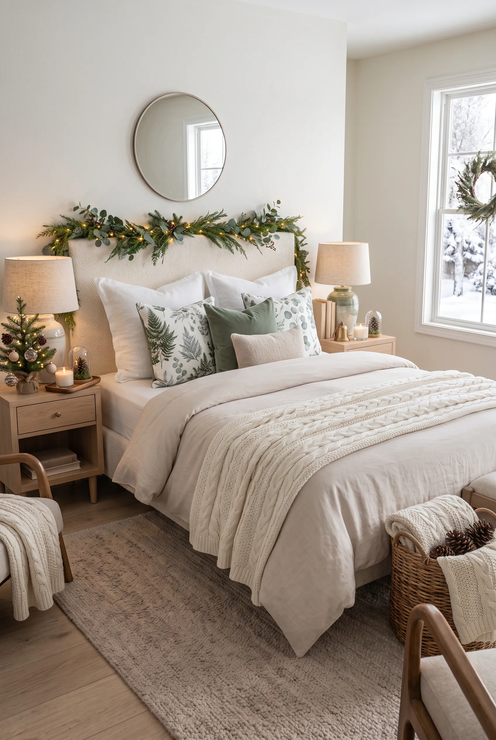 Christmas bed with evergreen botanical pillows, cream bedding, and natural holiday greenery